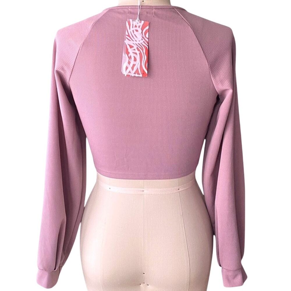 NWT ~ ROMWE Pink Ribbed Front Tie Cropped Long Sleeve Top ~ Women's Size LARGE - Picture 6 of 8